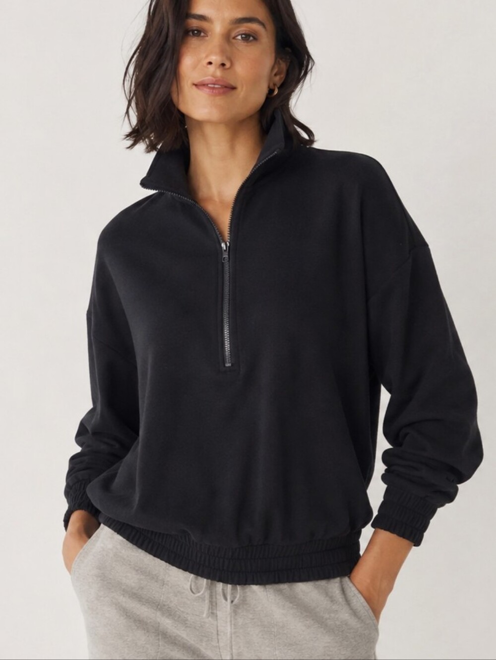 Lou & Grey Black Quarter-Zip Pullover Sweatshirt with Smocked Trim - Size M